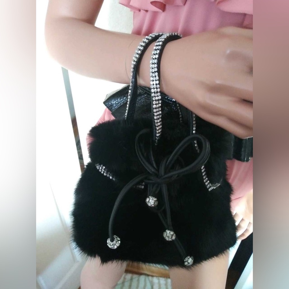 Franchi black mink mini bag adorned with Swarovski crystals. Like new.